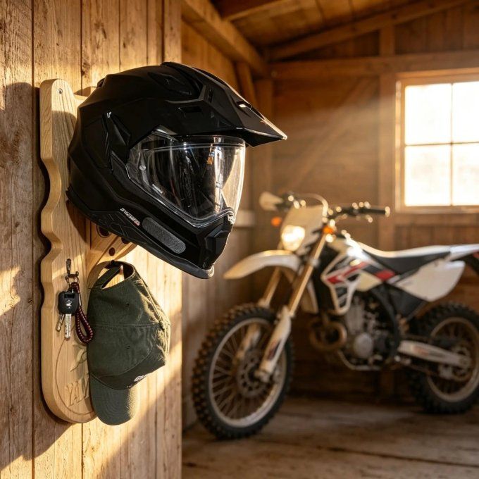 Porte casque moto mural installé dans garage