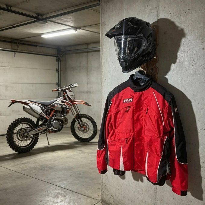 une moto un garage et et porte casque bois