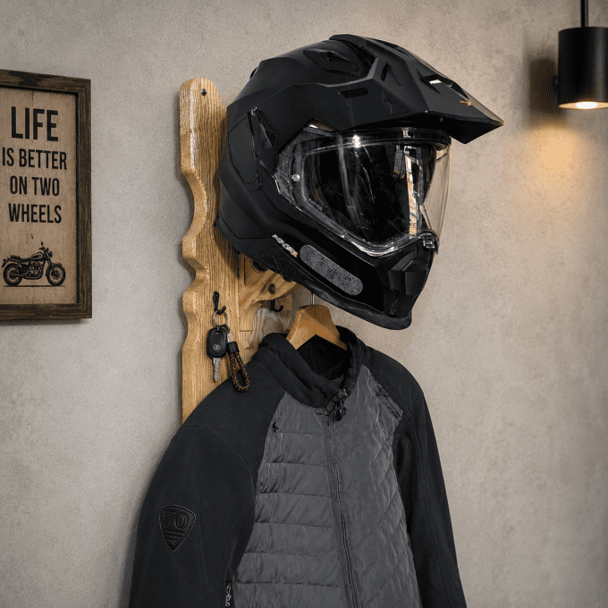 Rangement casque moto blouson et gants sur support mural