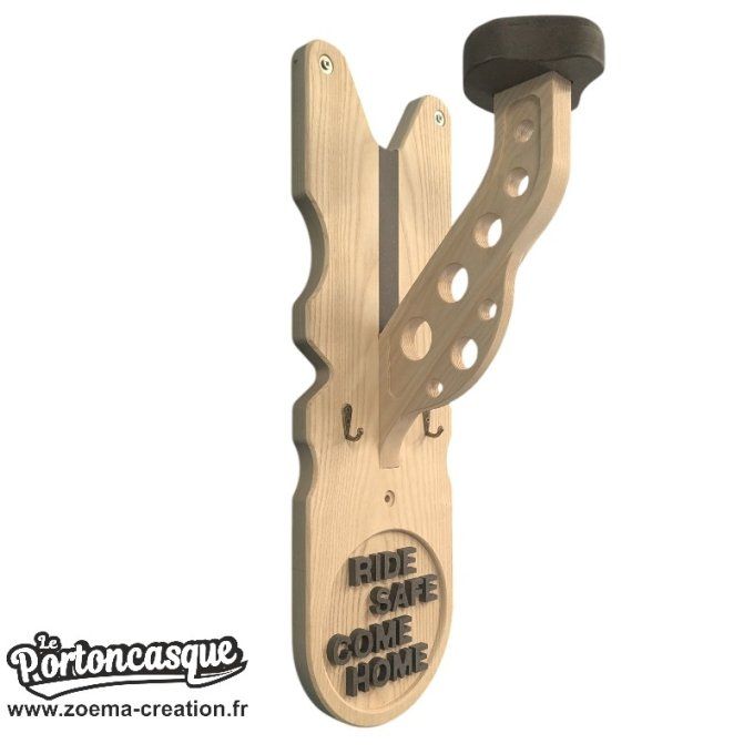 Porte casque moto mural en bois – Modèle RIDE SAFE COME HOME