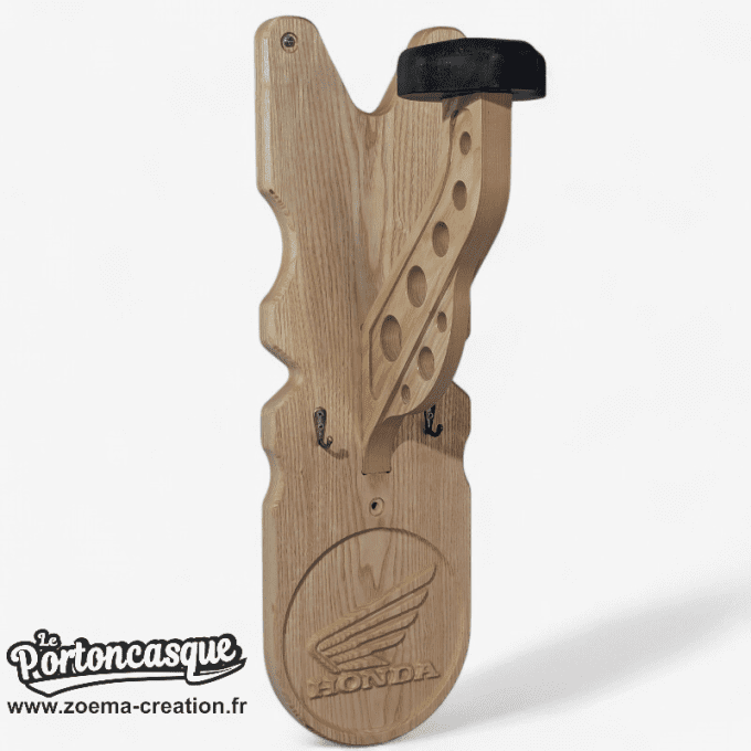 Porte casque moto mural en bois – Modèle Honda